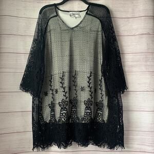L&B Boho White with Black Overlay Lace Tunic Top Floral Embroidery Size L/XL